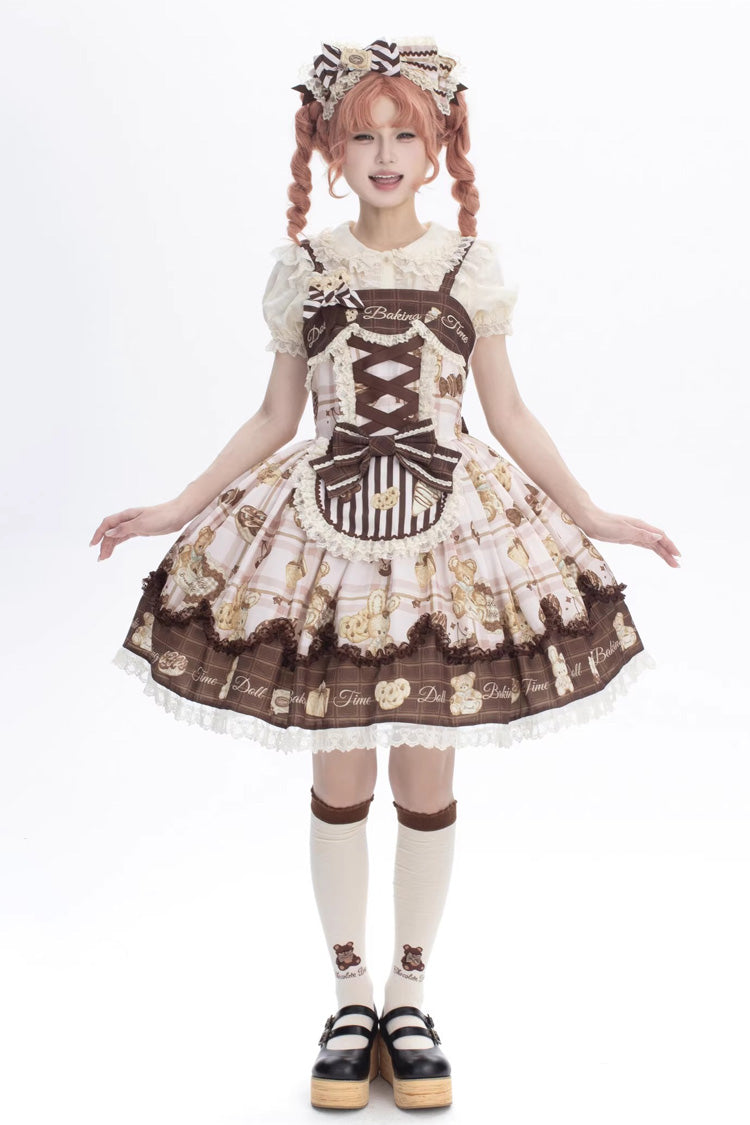 Doll Tea Party Sleeveless Print Ruffle Bowknot Lace-Up Sweet Lolita Jsk Dress 3 Colors