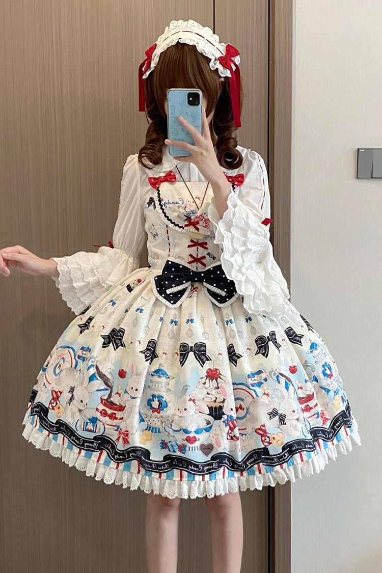 Beige Mystery Rabbit Tea Party Sleeveless Print Ruffle Bowknot Lace Sweet Lolita Jsk Dress