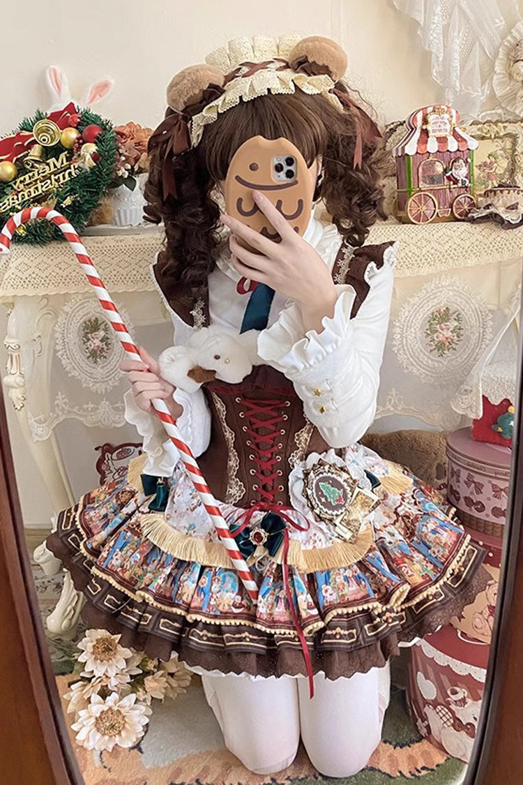 Brown Candy House Multi-Layered Print Ruffle Bowknot Lace-Up Sweet Ballet Lolita Jsk Dress