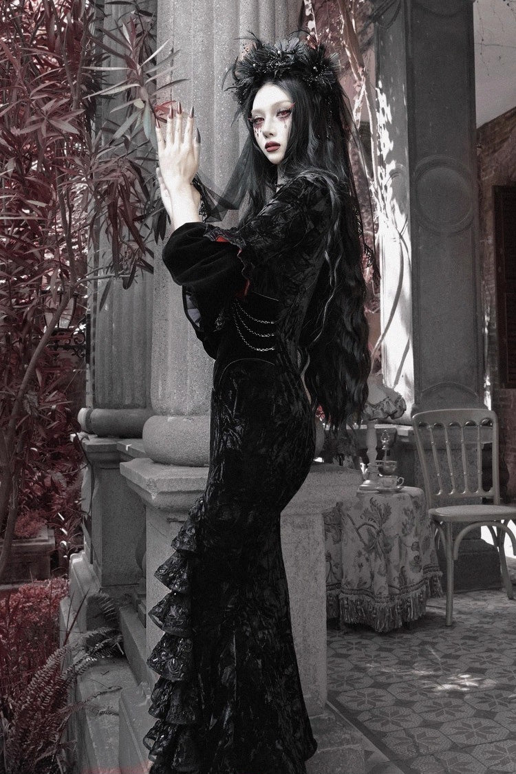 Black Castle of Dark Romance Square Collar Short Sleeves Multi-Layered Ruffled Embroidered Open-Front Lace Gothic Lolita Mermaid Dress