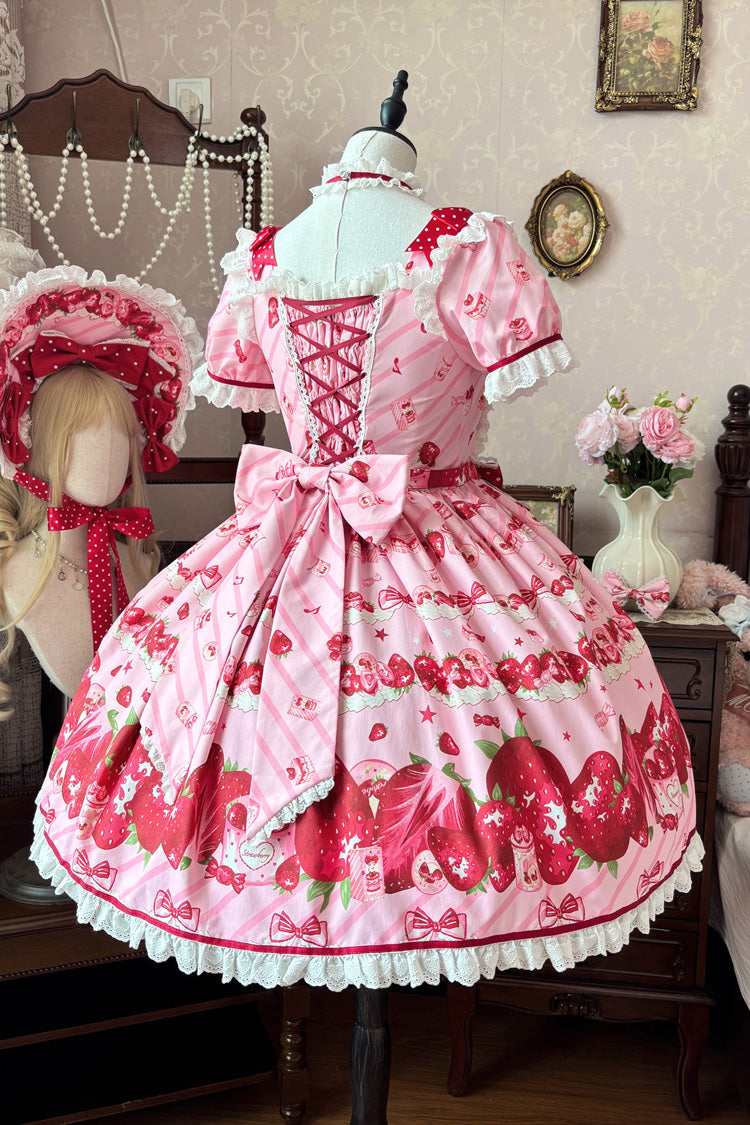 Pink Strawberry Gift Box Short Sleeves Print Ruffle Bowknot Lace Sweet Lolita Dress