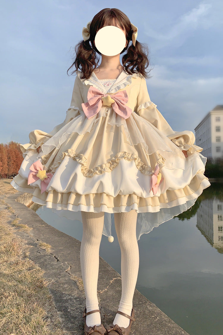 Pray Star Long Sleeves Double-Layered Ruffle Bowknot Stitching Lace Sweet Lolita Dress 5 Colors