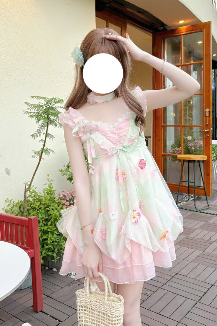Pink/Green Dream of Flowers Sleeveless Print Ruffle Lace Sweet Princess Lolita Jsk Dress