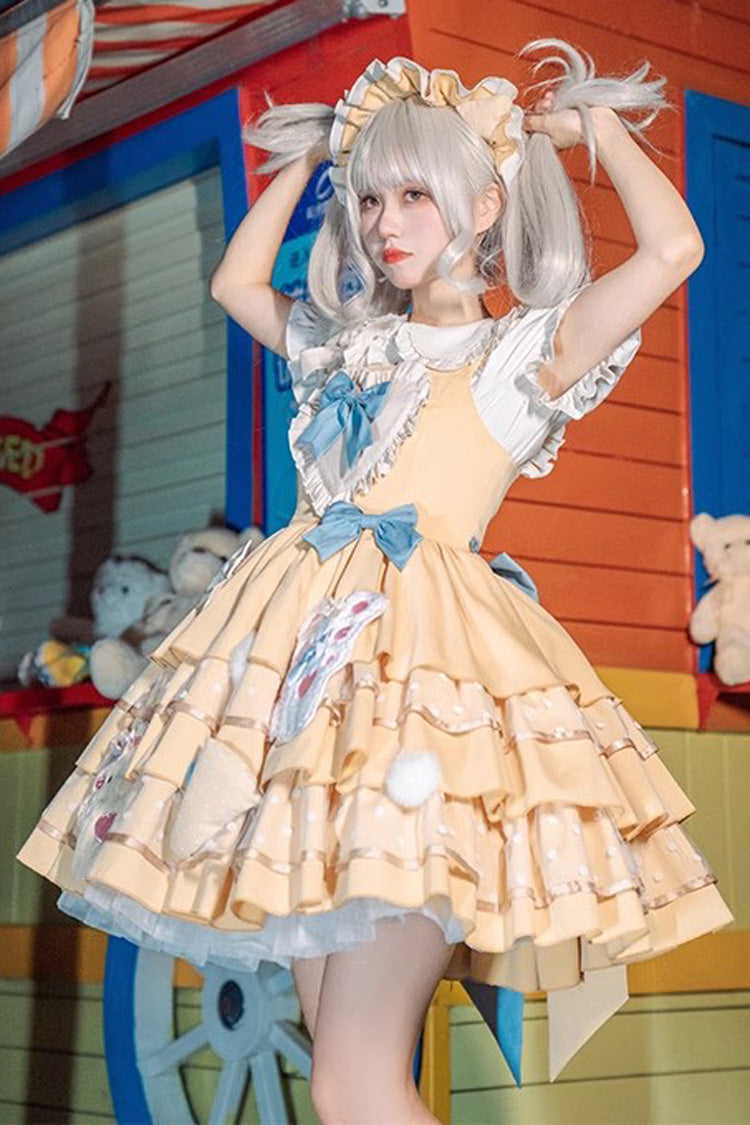 Yellow Bear Cheese Multi-layer Print Ruffle Bowknot Sweet Lolita Dress