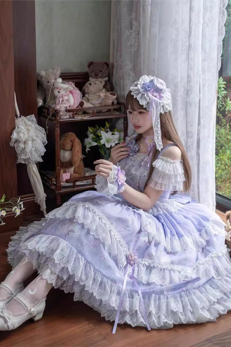 Purple Lavender Sleeveless Multi-Layered Print Ruffle Bowknot Lace-Up Sweet Elegant Lolita Jsk Dress Set