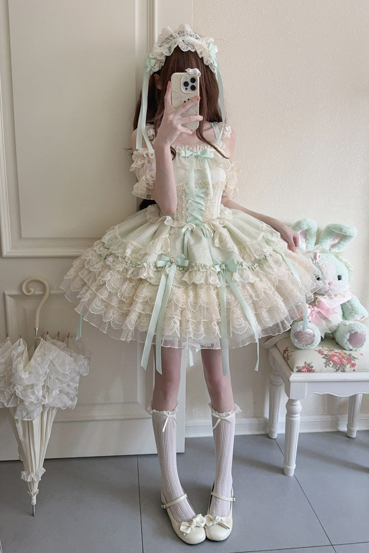 Green Ribbon Heart Love Sleeveless Multi-Layered Ruffle Bowknot Lace Lace-Up Sweet Princess Ballet Lolita Jsk Dress