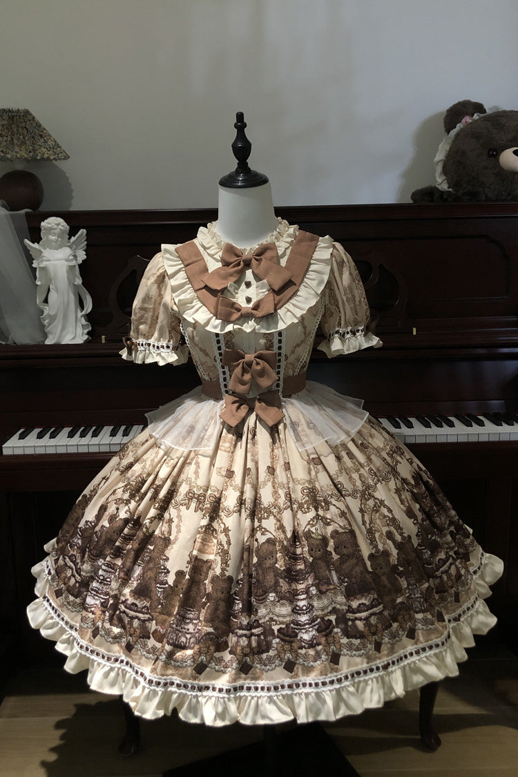 Brown Teddy Bear Party Round Collar Short Sleeves Printed Ruffled Bow Daily Sweet Lolita Dress