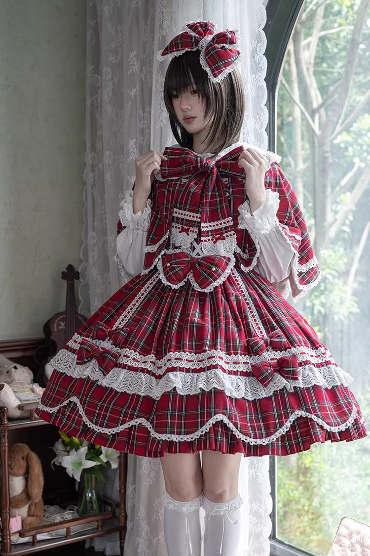 Red Gingham Petal Bunny Short Sleeves Printed Ruffled Bow Sweet Lolita OP Dress