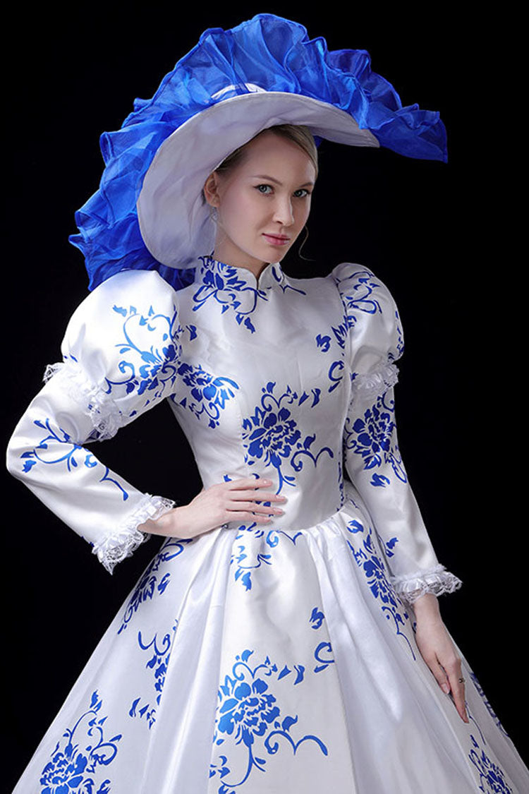 Blue/White Porcelain Printing Stand Collar High Waisted Victorian Lolita Prom Dress