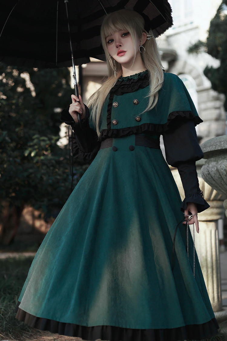 Green Potions School Long Sleeves Ruffle Bowknot Sweet Elegant Lolita Dress Two-piece Set