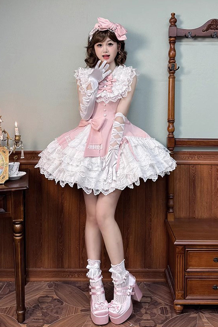 Pink Miss Tsundere Sleeveless Multi-Layered Ruffle Bowknot Lace Asymmetric Sweet Princess Lolita Dress
