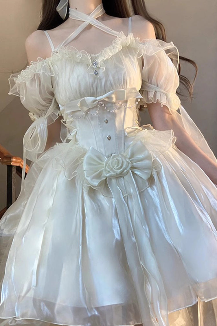 Ivory Midsummer Dream Short Sleeves Ruffle Hanayome Off-The-Shoulder Gothic Short Lolita Dress