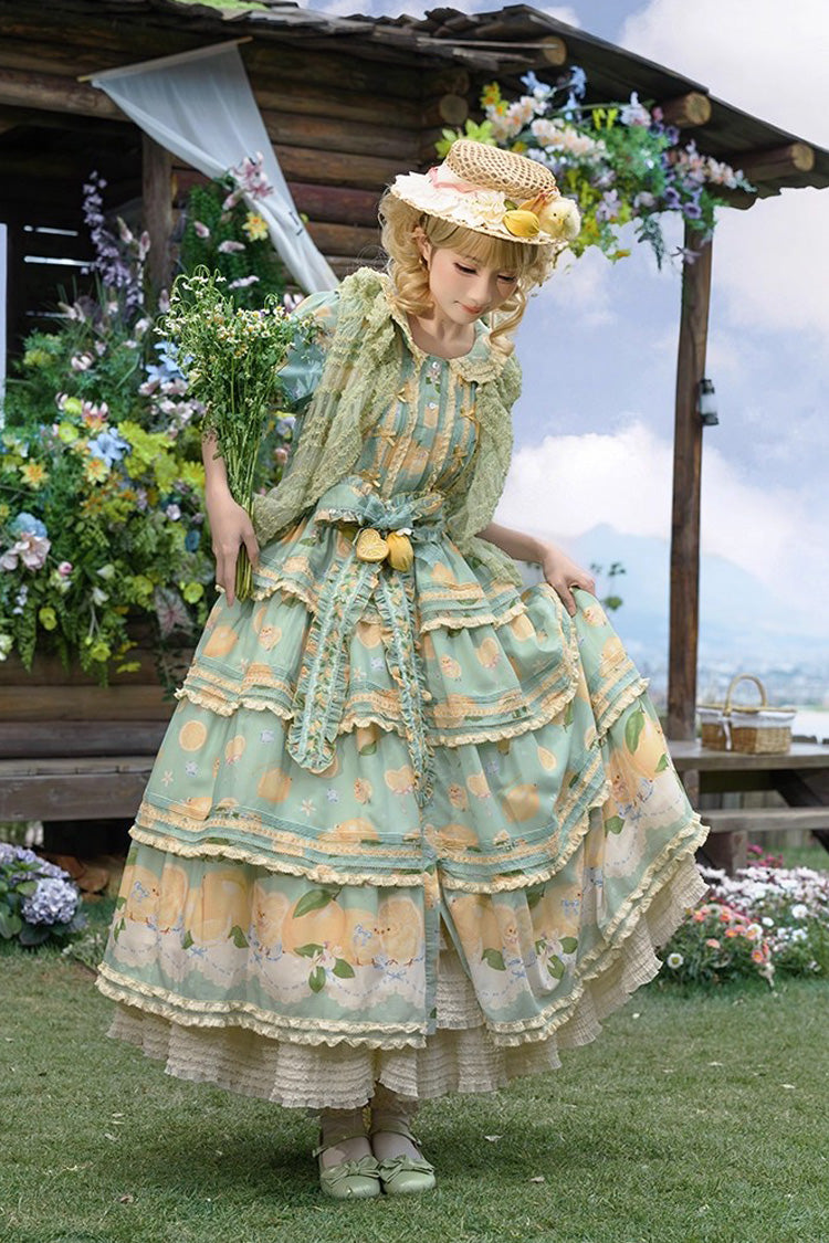 Green Lemon Chicken Short Sleeves Triple-Layered Print Ruffle Bowknot Lace Sweet Gorgeous Lolita Dress