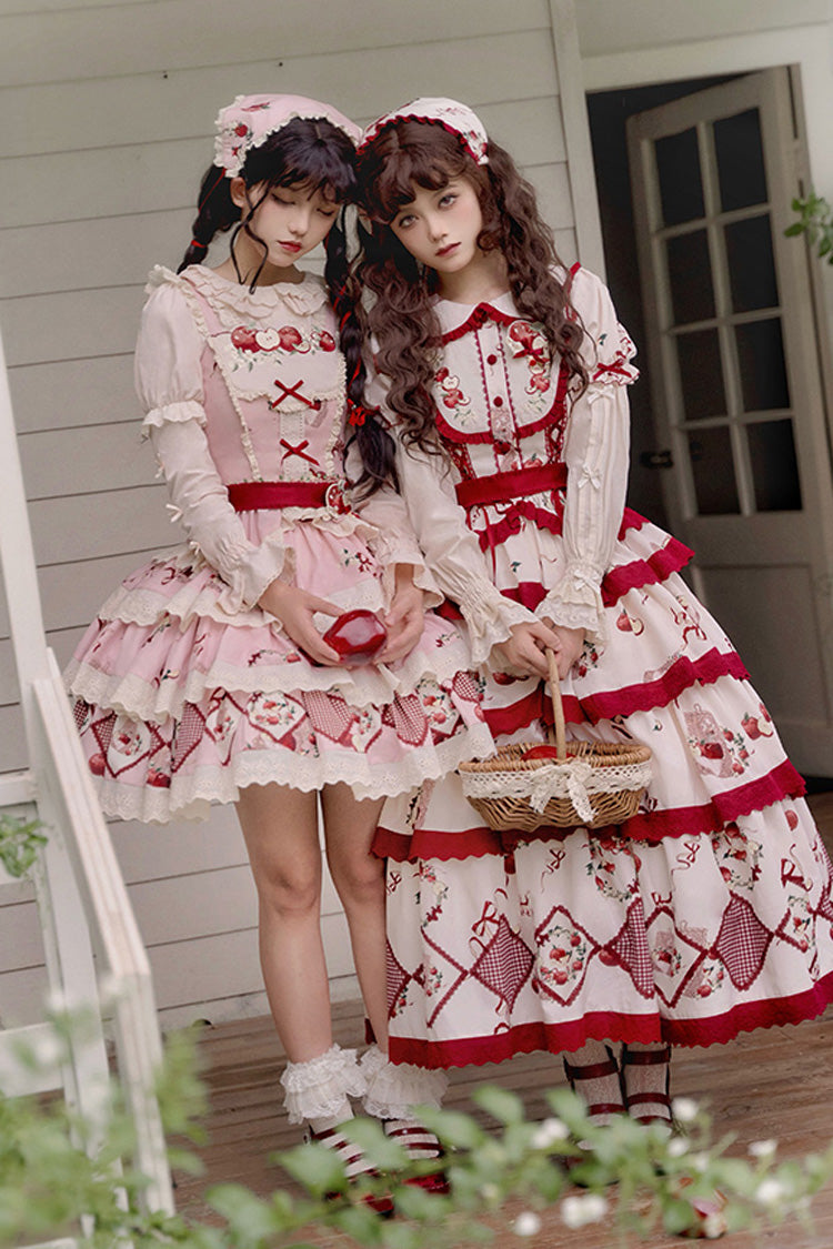 Red/Beige Triple-Layered Apple Orchard Print Ruffle Embroidery Sweet Lolita Long Skirt