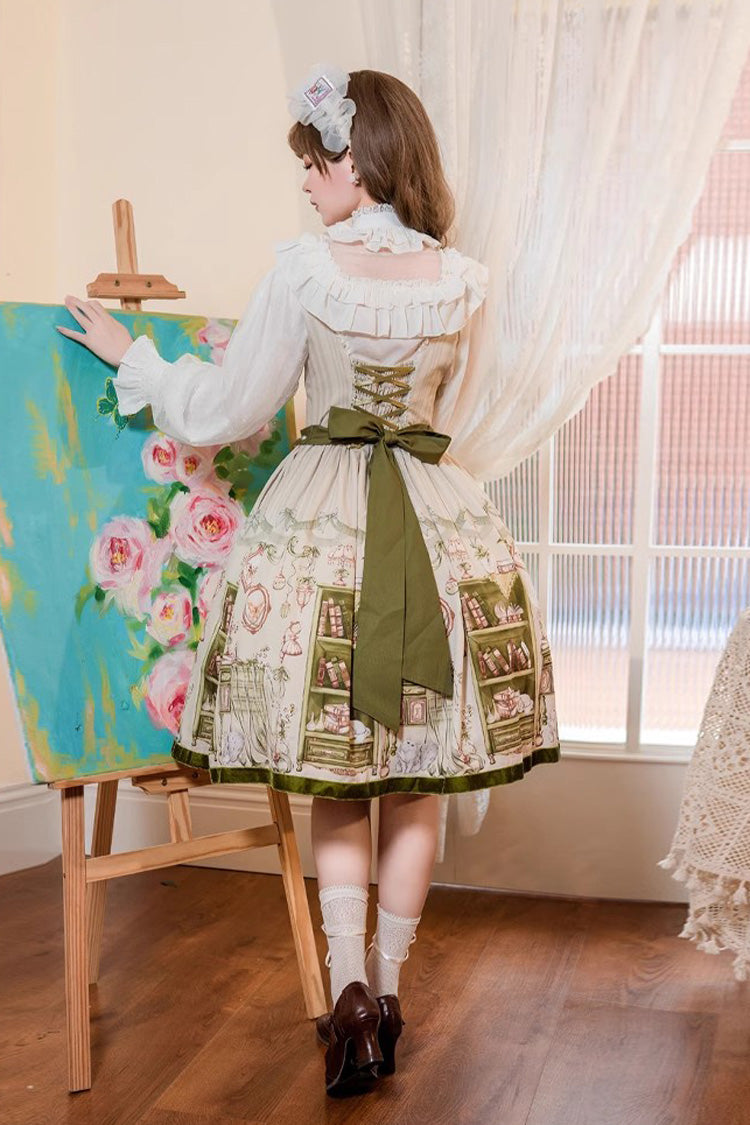 Green Ai Luo Book House Print Chest Support Bowknot Sweet Lolita Jsk Dress