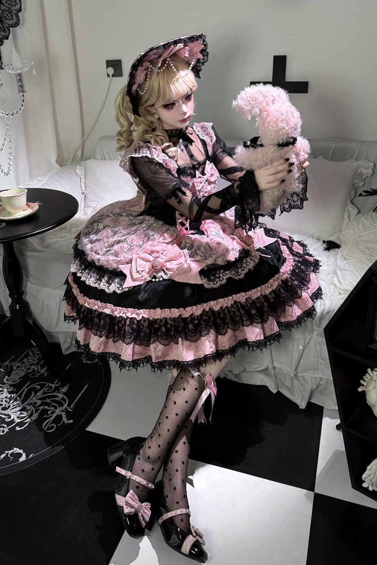 Black/Pink Rose Princess Sleeveless Ruffle Bowknot Lace Lace-Up Sweet Ballet Lolita Jsk Dress