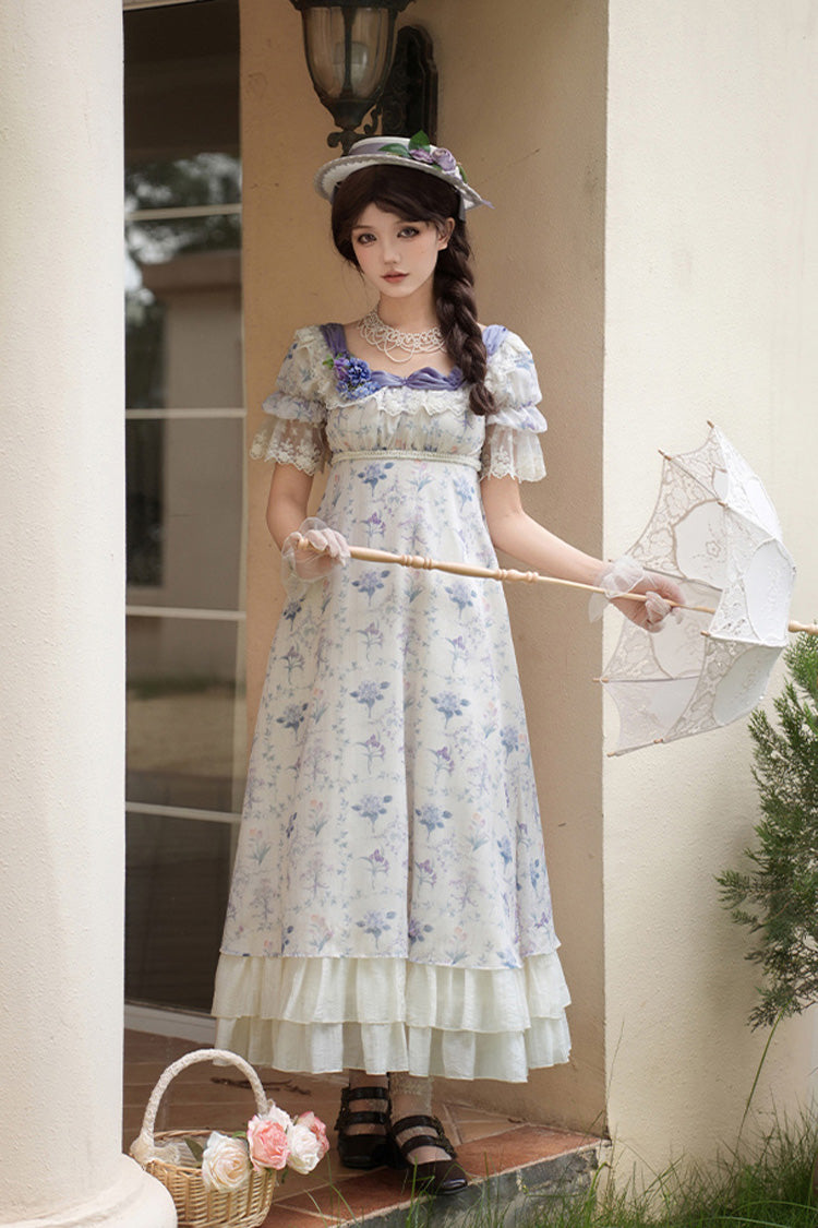 Purple/Ivory Iris Secrets Short Sleeves Double-Layered Print Ruffle Bowknot Lace-Up Sweet Lolita Dress