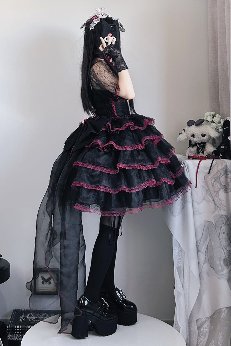 Black/Red Short Sleeves Multi-Layered Ruffle Hanayome Bowknot Lace Plus Size Sweet Lolita Dress (Short Version)