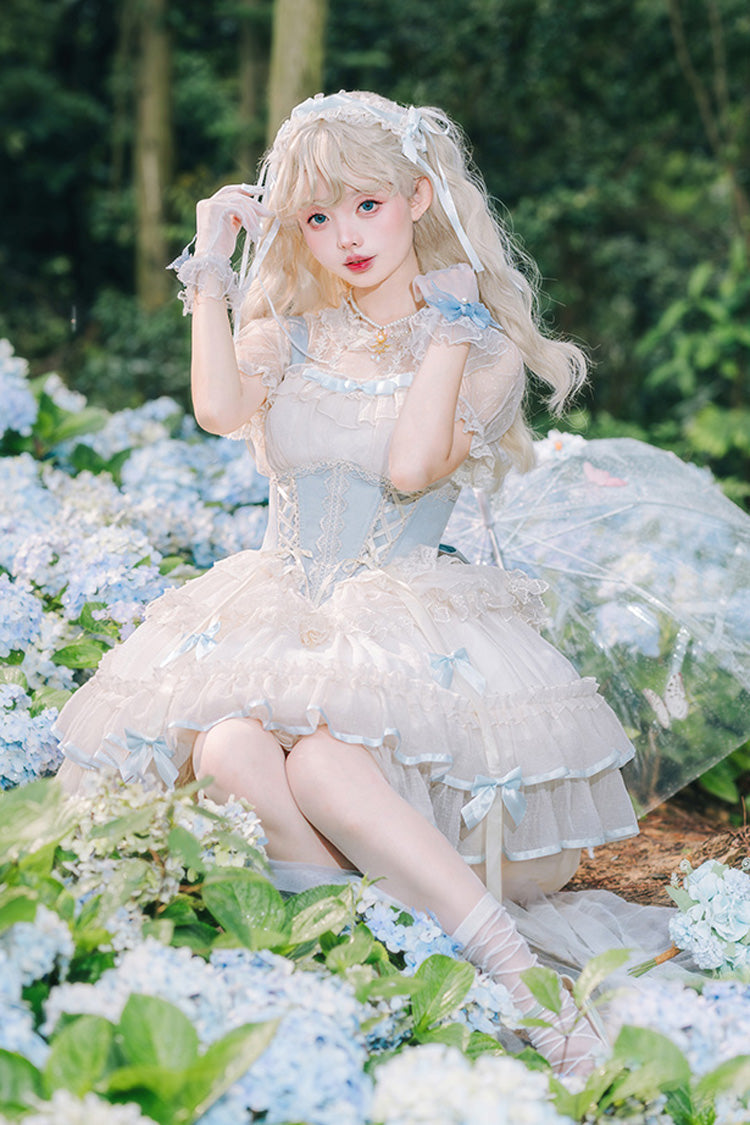Light Blue/Ivory Dance of Time Triple-Layered Ballet Style Bowknot Lace-Up Sweet Lolita Jsk Dress