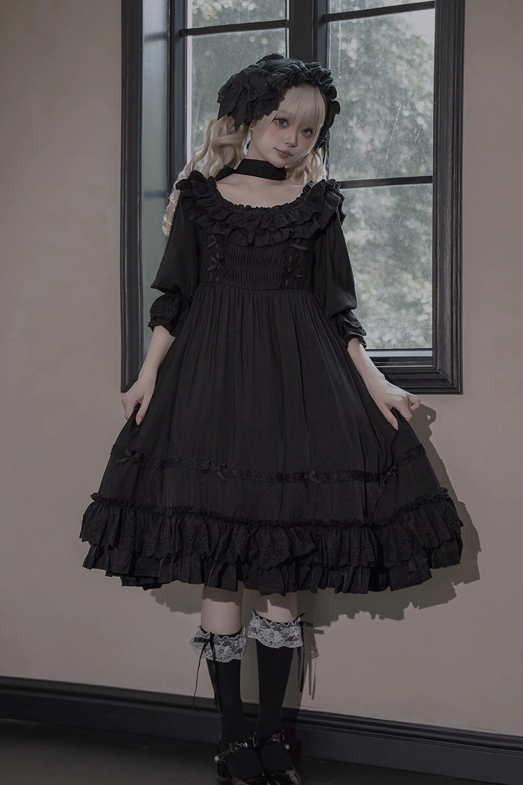Black Good Morning Short Sleeves Ruffle Bowknot Lace-Up Gothic Lolita Dress