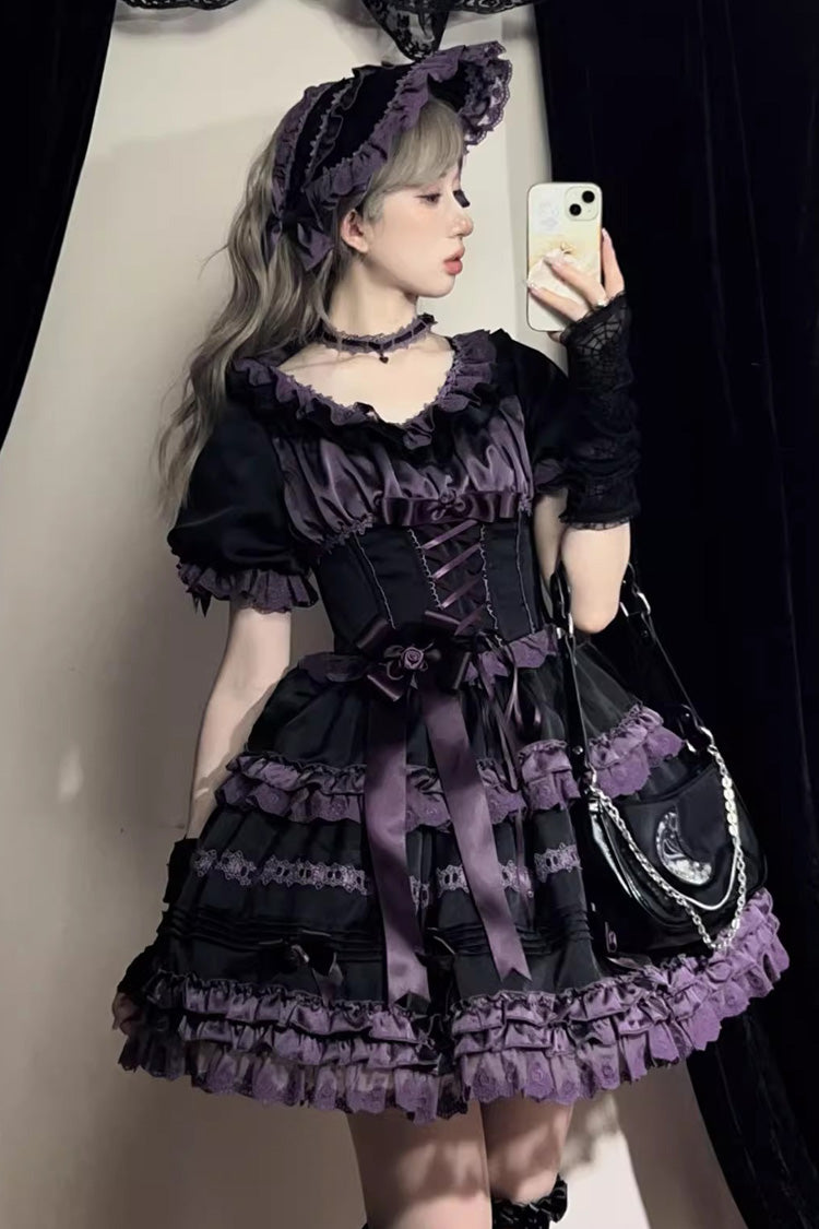 Black/Purple Layered Blackcurrant Short Sleeves Ruffle Bowknot Lace Sweet Lolita Dress