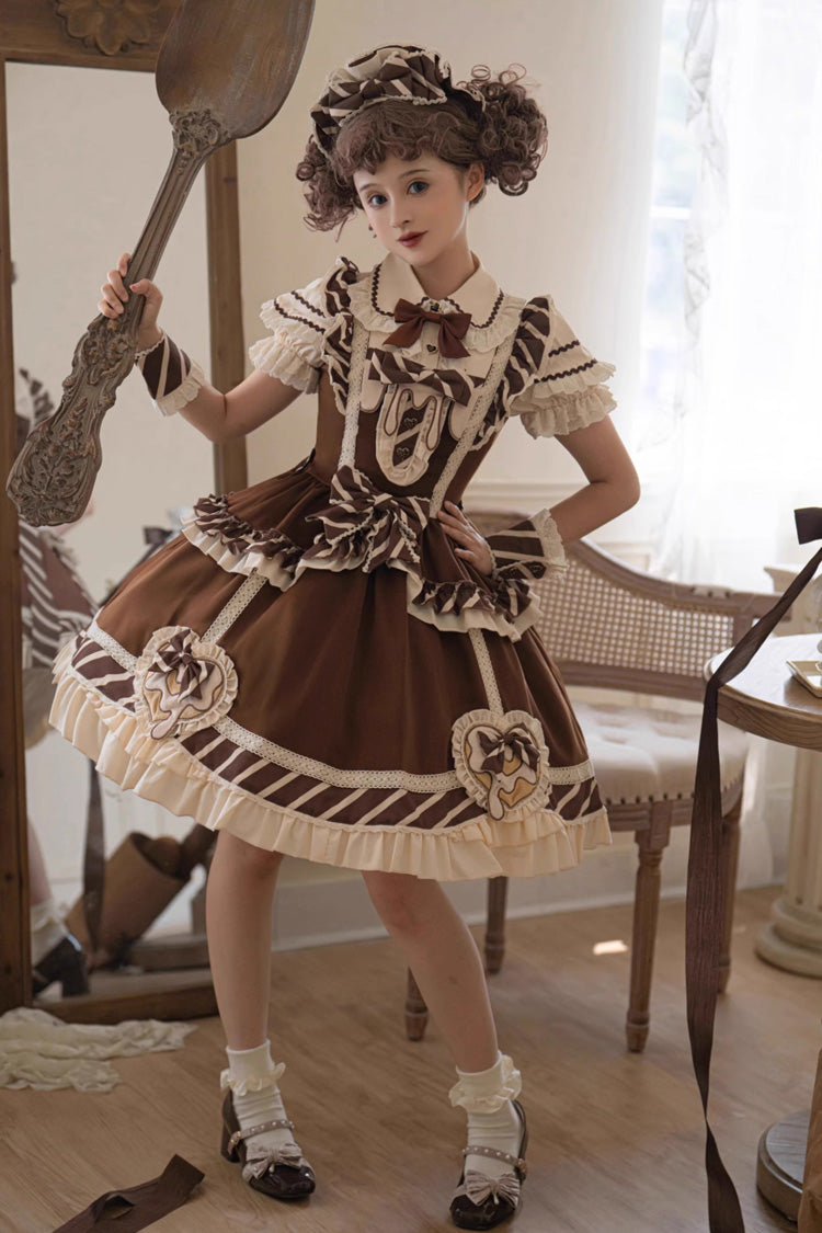 Brown Short Sleeves Print Ruffle Bowknot Sweet Princess Lolita Jsk Dress Set