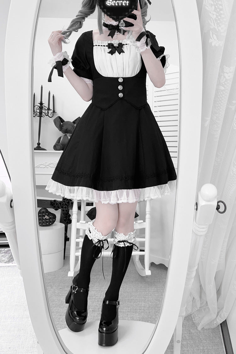 Black/White Short Sleeves Ruffle Bowknot Cross Waist Maid Sweet Japanese Lolita Dress Set
