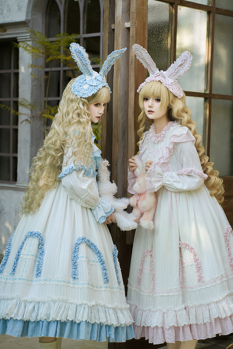 Blue Twin Lilian Round Collar Long Sleeves Double-Layered Ruffled Bow Lace-Up Sweet Lolita Dress