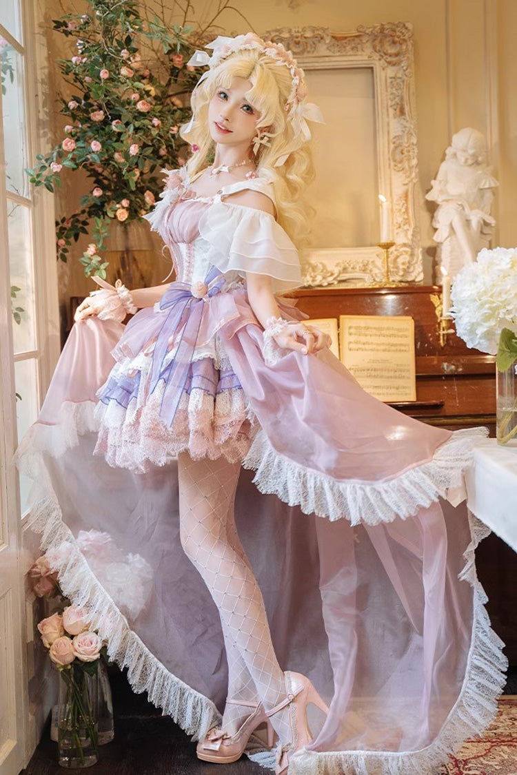 Pink/Purple Rose Memoirs Sleeveless Multi-Layered Bowknot Lace Sweet Lolita Skirt Set