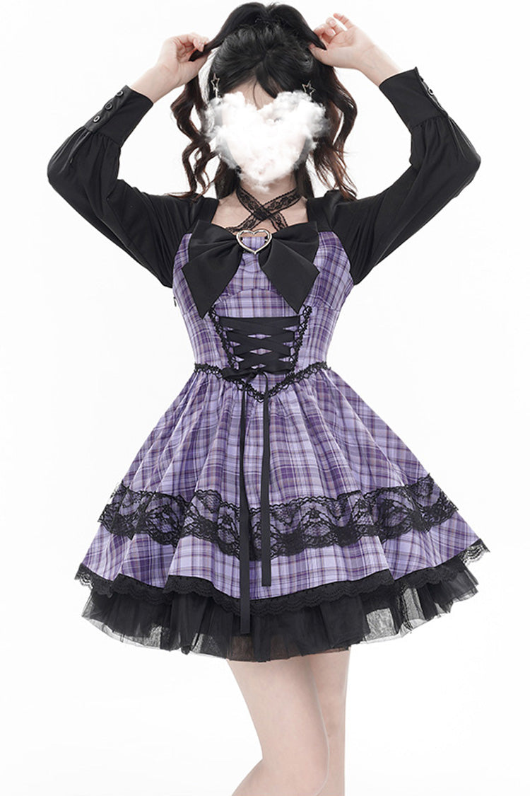 Purple Witch Time Long Sleeves Plaid Print Bowknot Lace Sweet Lolita Dress
