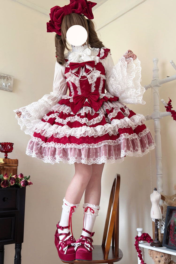 Wine Red Love and Heart Flutter Sleeveless Multi-Layered Ruffle Bowknot Lace Pearl Sweet Lolita Jsk Dress