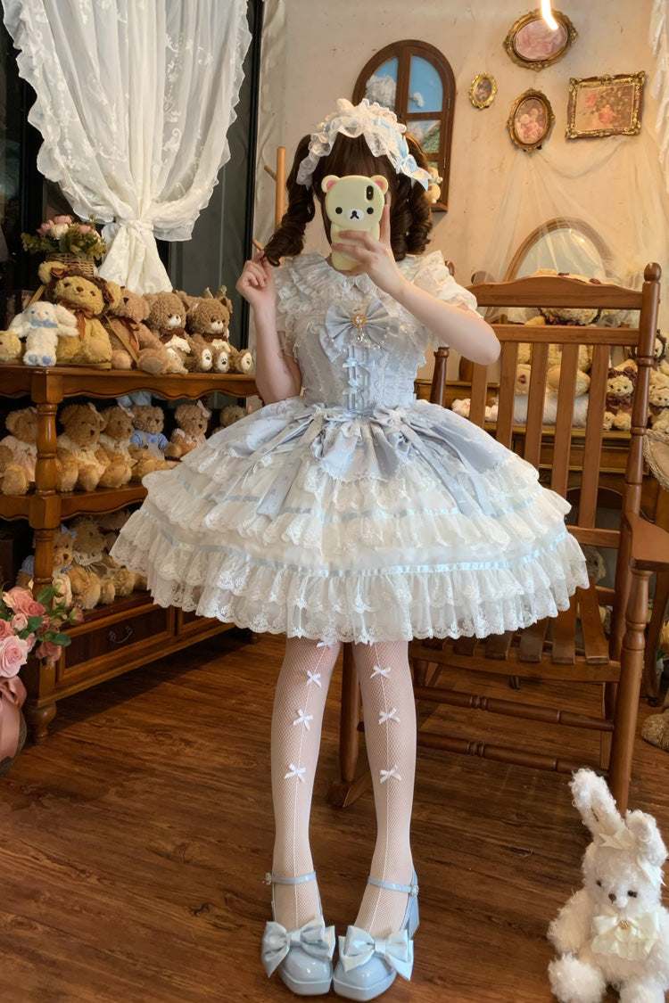 Blue Snow Kissed Romance Sleeveless High Waisted Multi-Layered Bowknot Lace Pearl Sweet Ballet Lolita Jsk Dress