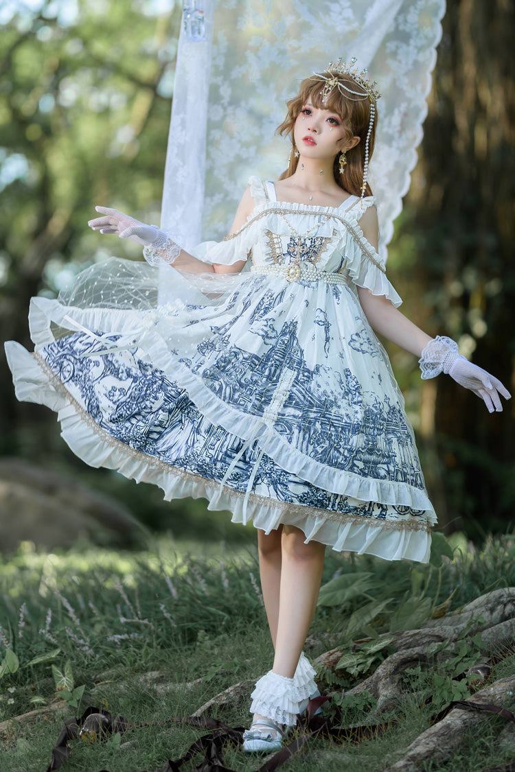 White Castle Feast Print Ruffle Bowknot Gothic Princess Lolita Jsk Dress