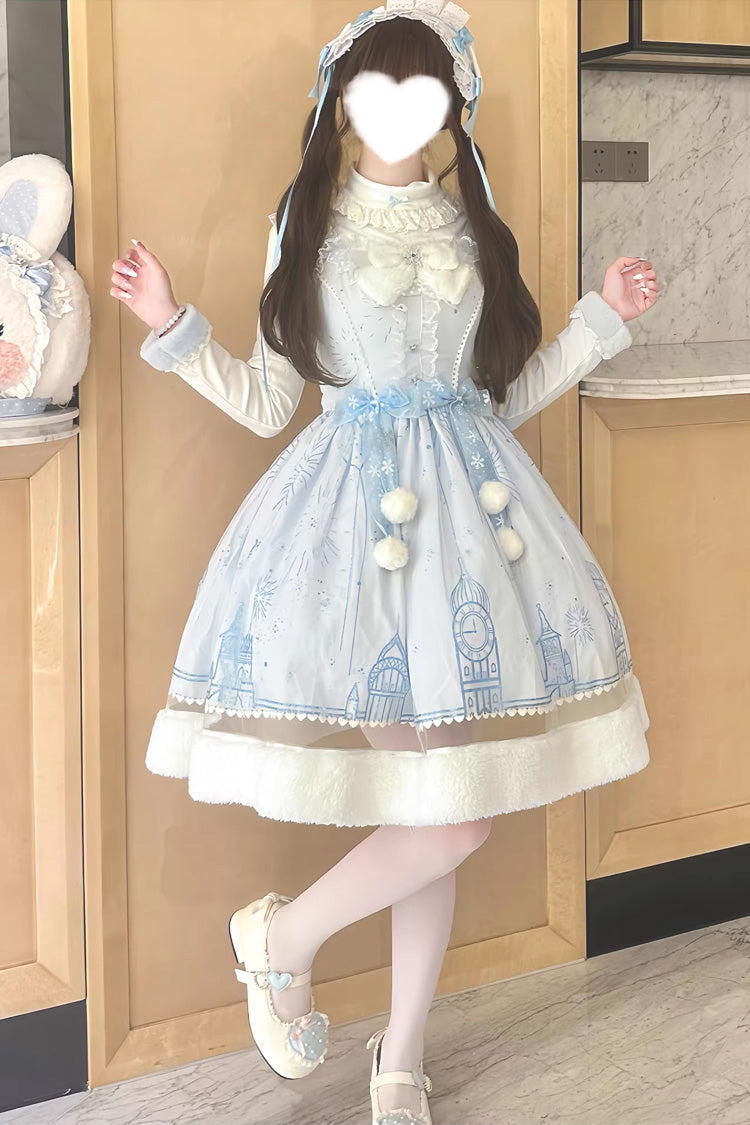 Blue Snow Castle Sleeveless Printed Embroidered Bow Lace Sweet Lolita Jsk Dress