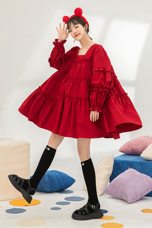 Red Square Neck Ruffled Long Sleeves Oversized High Waisted Sweet Lolita OP Dress