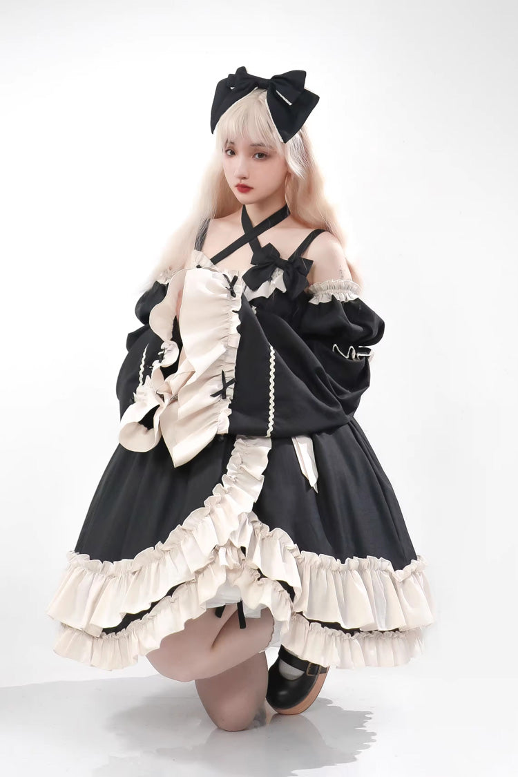 Black Monet Estate Sleeveless High Waisted Ruffle Bowknot Asymmetric Gothic Lolita Jsk Dress