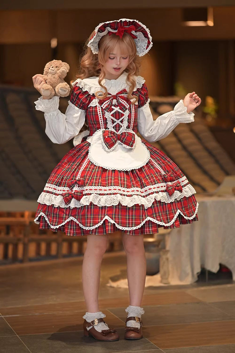 Red Gingham Petal Bunny Short Sleeves Printed Ruffled Bow Sweet Lolita OP Dress