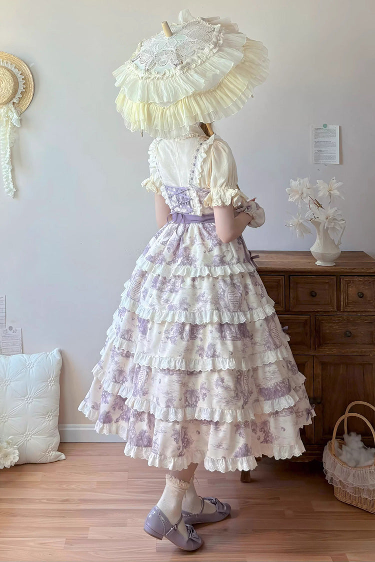 Purple Grape Moon Almanac Sleeveless Multi-Layered Printed Ruffled Bow Adjustable-Length Sweet Lolita Jsk Dress
