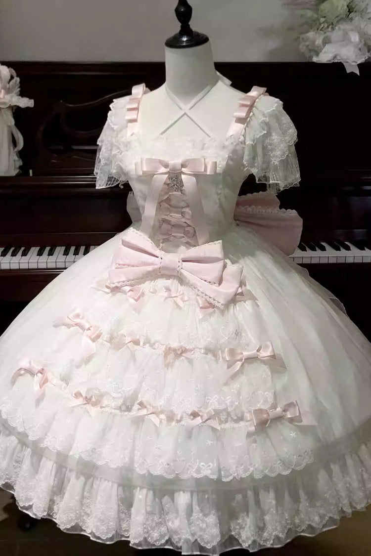 White/Pink Snow of Love Ruffled Hanayome Open-Front Bow Lace Sweet Princess Lolita Dress