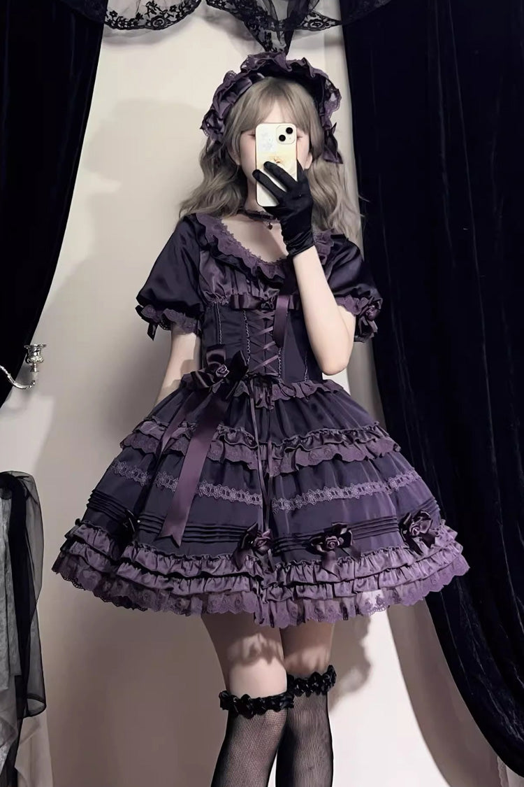 Purple Layered Blackcurrant Short Sleeves Ruffle Bowknot Lace Sweet Lolita Dress