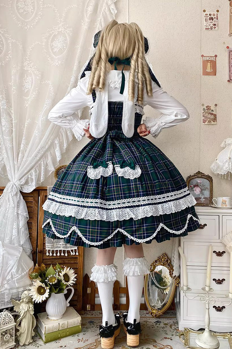 Green Gingham Petal Bunny Printed Ruffled Bow Sweet Lolita Jsk Dress