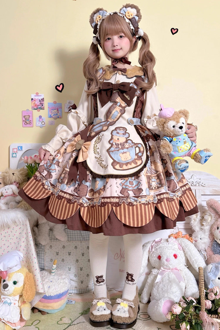 Bear Cookies Print Long Sleeves Ruffle Bowknot Sweet Lolita OP Dress 2 Colors
