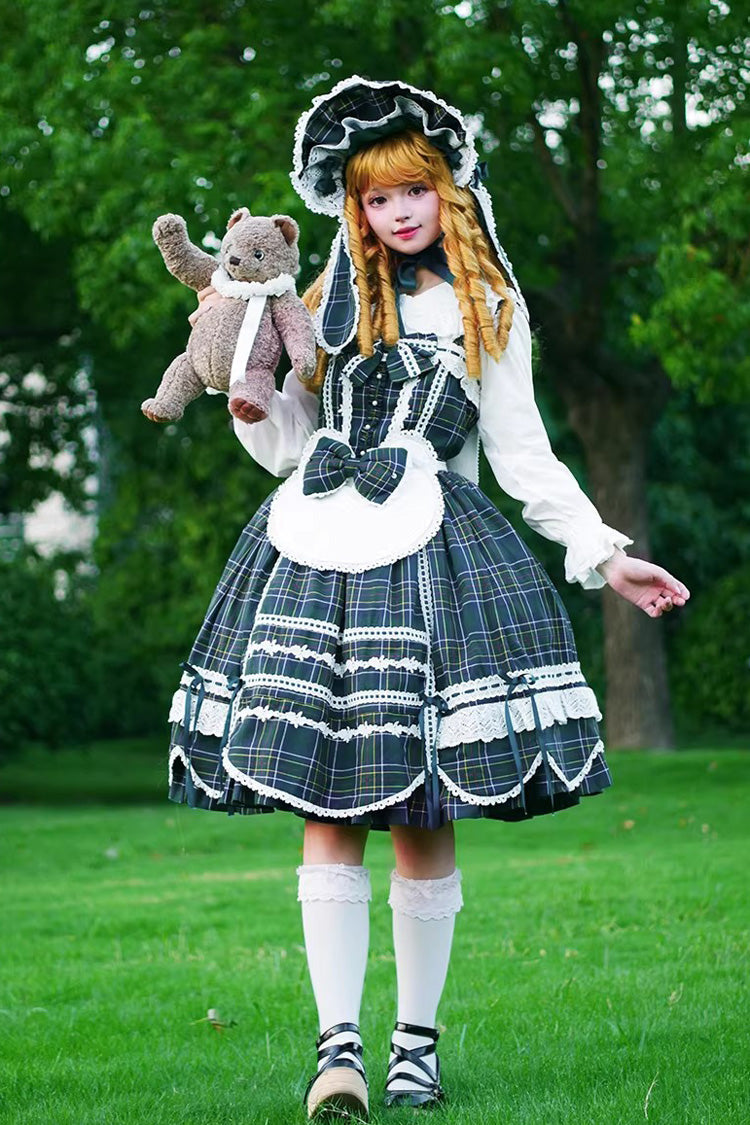 Green Gingham Petal Bunny Printed Ruffled Bow Sweet Lolita Jsk Dress