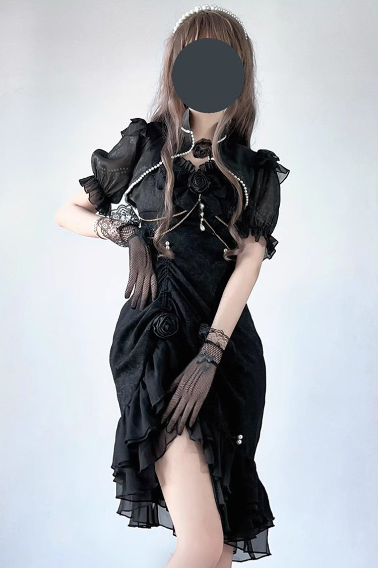 Black Camellia 2.0 Sleeveless Jacquard Ruffle Lace Asymmetric Gothic Chinese Style Fishtail Lolita Jsk Dress