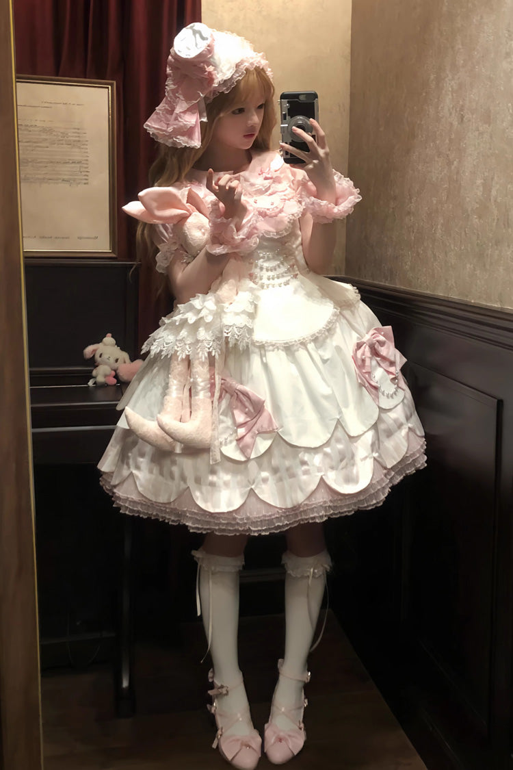 White/Pink Sleeveless Multi-Layered Ruffle Bowknot Lace Pearl Sweet Lolita Jsk Dress