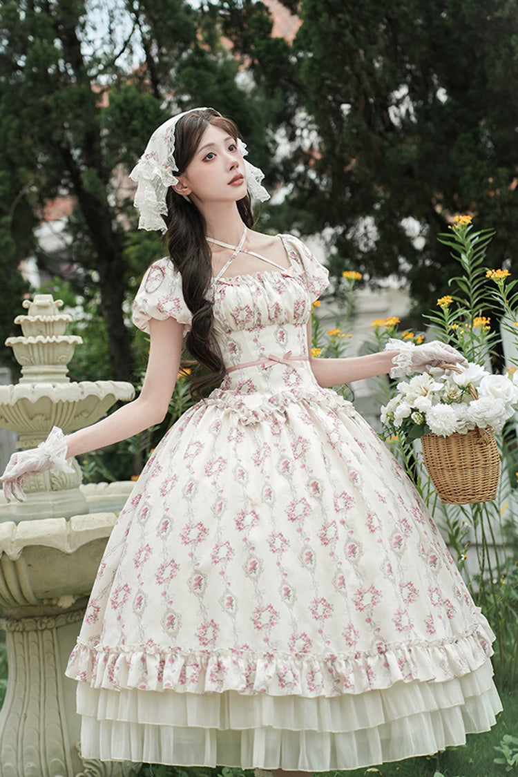 Ivory Rose After The Rain Short Sleeves Triple-Layered Print Ruffle Bowknot Lace-Up Sweet Lolita Long Dress
