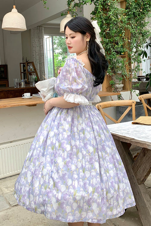 Boat Neck Ruffled Short Sleeves Plus Size Tulips Floral Print High Waisted Sweet Lolita OP Dress