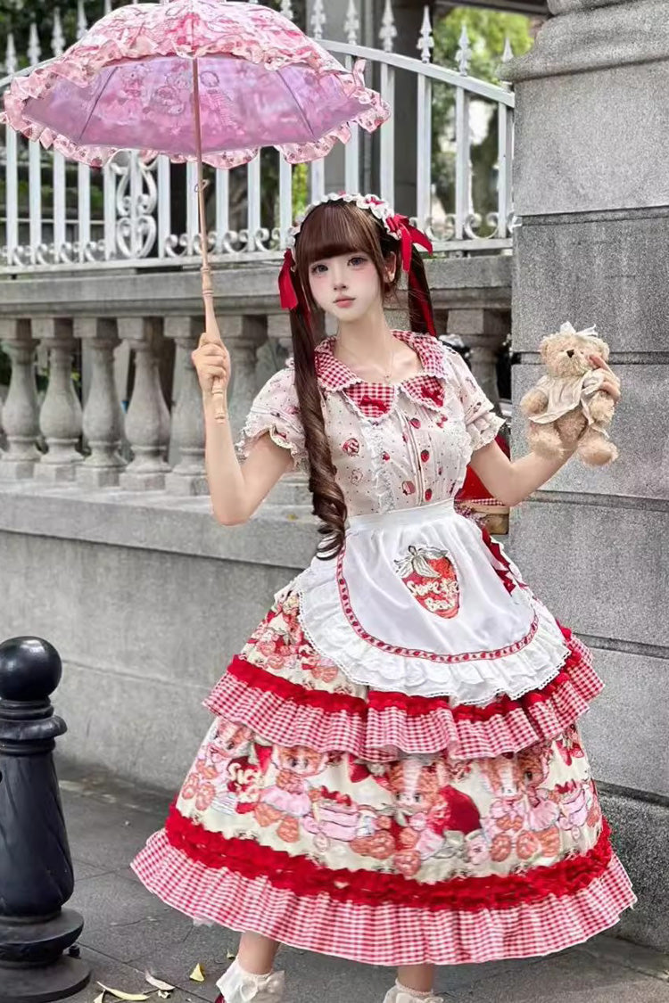 Red Bear Strawberry Ode Print Short Sleeves Double-Layered Ruffle Bowknot Sweet Princess Lolita Jsk Dress