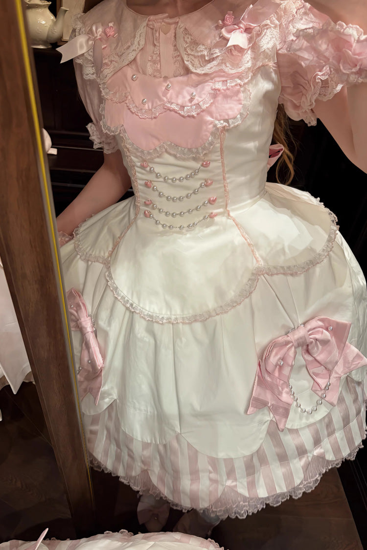 White/Pink Sleeveless Multi-Layered Ruffle Bowknot Lace Pearl Sweet Lolita Jsk Dress