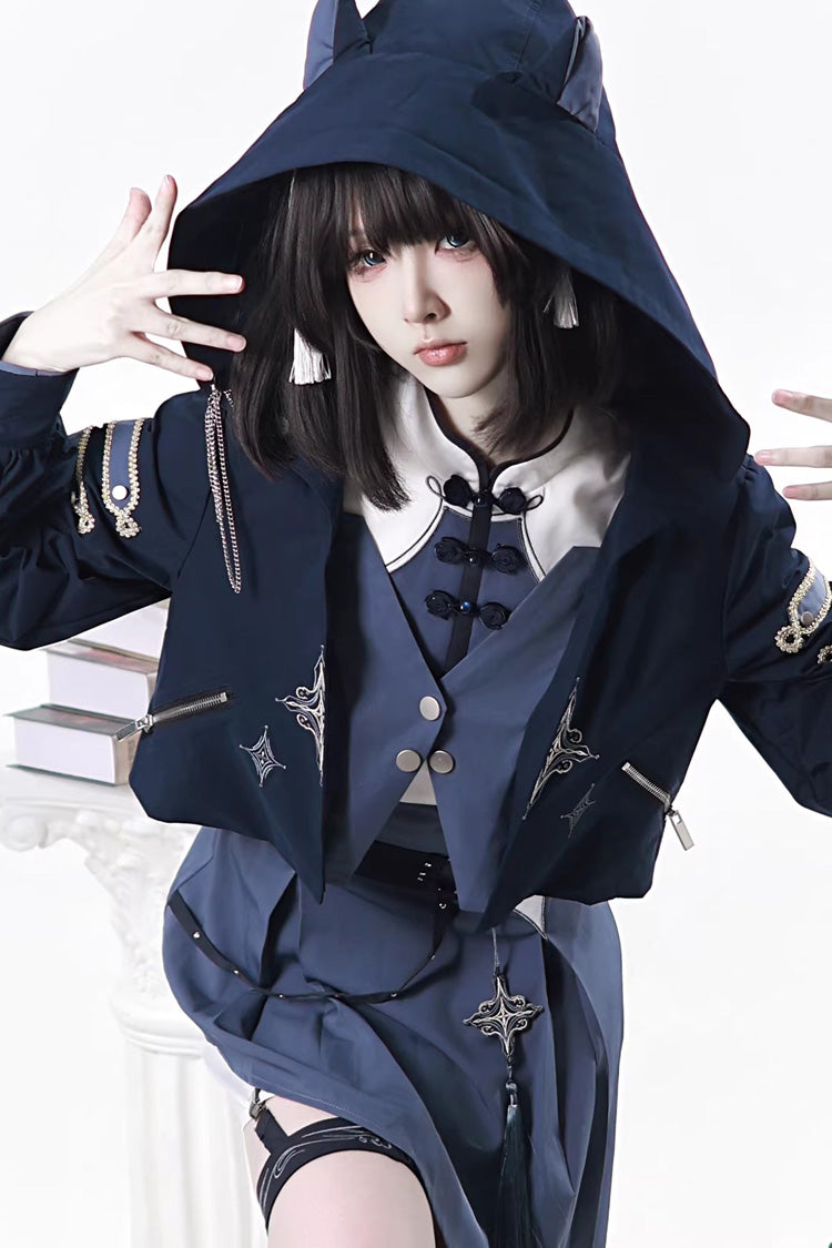 Blue Indigo Shadow Journey Stand Collar Long Sleeves Embroidered Hooded Asymmetric Punk Ouji Lolita Dress Four-Piece Set